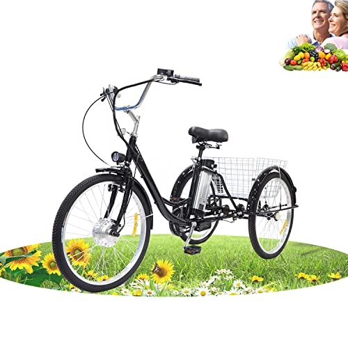Electric Bike : 24inch 3 Wheel Electric Bike for Adults with 350w Motor Bike Tube Removable 36V 12Ah Lithium Battery, Adult Tricycle with Adjustable Cruiser Bike Seat and Bike Basket Exercise Bike(BLACK)