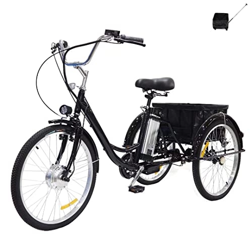 Electric Bike : 24inch adult electric tricycle with rear basket 3 wheel bicycle 36V12AH lithium battery removable 350W motor Hybrid tricycle with pedals power bike for parents and ladies (black)