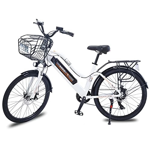 Electric Bike : 26'' Electric Bike for Women, Shimano 7-Speed Electric Bicycle with Removable 350W 36V 10AH Hidden Lithium Battery, Max Range 45 Miles, White