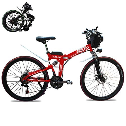 Electric Bike : 26" Electric folding mountain bike Adult Outdoor Hybrid Bike Disc 21 Speed Gear Brakes (48V 350W) Removable Lithium-Ion Battery Country electric bike, Red
