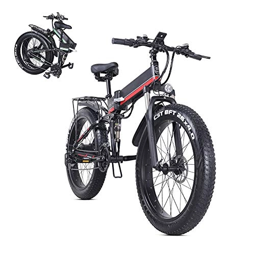 Electric Bike : 26" Electric Mountain Bike, 1000W Brushless Motor, Removable 40km / h 48V / 12.8Ah Lithium Battery, 21-Speed, Suspension Fork, Dual Disc Brakes, Full Suspension Folding Bike for Adults, A