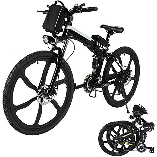 Electric Bike : 26'' Folding Electric Mountain Bike 250W Electric Bicycle with Removable Large Capacity Lithium-Ion Battery, Professional 21 Speed Gears (Black White)