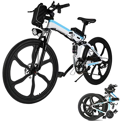 Electric Bike : 26'' Folding Electric Mountain Bike 250W Electric Bicycle with Removable Large Capacity Lithium-Ion Battery, Professional 21 Speed Gears (Blue White)