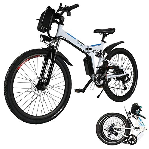 Electric Bike : 26'' Folding Electric Mountain Bike 250W Electric Bicycle with Removable Large Capacity Lithium-Ion Battery, Professional 21 Speed Gears (White)