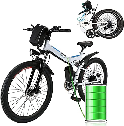 Electric Bike : 26” Folding Electric Mountain Bike for Adults, E-Bike with 36V 8AH Removable Lithium-Ion Battery 250W Motor 21 Speed Gear & 3 Working Mode Electric Commuter Mountain Bike (Off White)