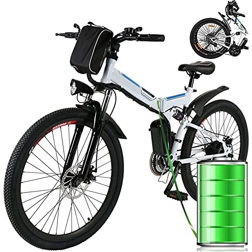 Electric Bike : 26” Folding Electric Mountain Bike for Adults, E-Bike with 36V 8AH Removable Lithium-Ion Battery 250W Motor 21 Speed Gear & 3 Working Mode Electric Commuter Mountain Bike (White)