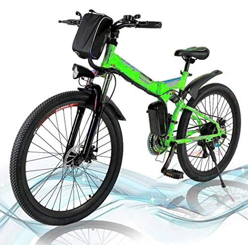 Electric Bike : 26'' Folding Electric Mountain Bike Removable Large Capacity Lithium-Ion Battery (36V 250W), Electric Bike 21 Speed Gear and Three Working Modes (Green)