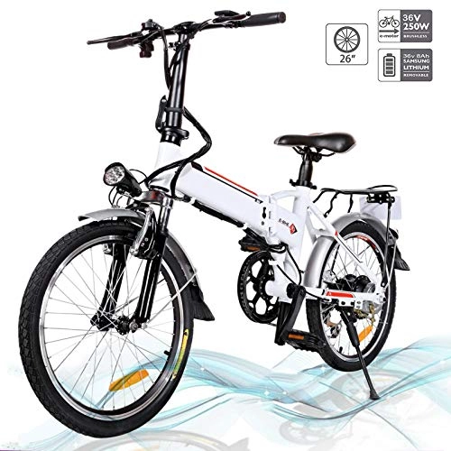 Electric Bike : 26'' Folding Electric Mountain Bike Removable Large Capacity Lithium-Ion Battery (36V 250W), Electric Bike 21 Speed Gear and Three Working Modes (White)