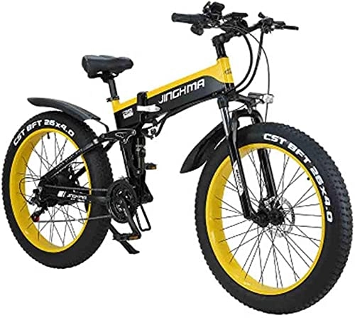 Electric Bike : 26 Inch Electric Bicycle Foldable 500W48V10Ah Lithium Battery Mountain Bike 21-Speed Off-Road Power Bike 4.0 Big Tires Adult Commuter (Color : Yellow)