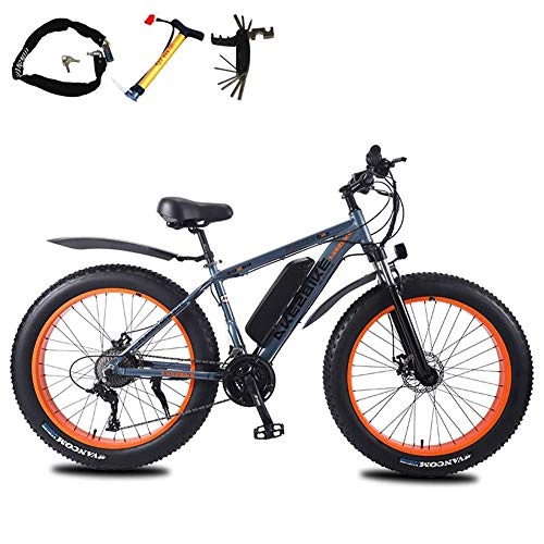 Electric Bike : 26 Inch Fat Tire Electric Bike, 350 W Mountain Electric Bicycle with LED Headlights and Removable Lithium Battery 27 Speed Adjustable Disc Brake (Color : Gray, Size : 8Ah)
