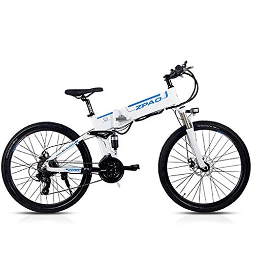Electric Bike : 26-inch folding electric bicycle, smart electric bicycle, mountain bike bicycle, 48V15ah, 350W, double suspension and 21-speed Shimano (removable lithium battery), White vintage wheel-26 inches