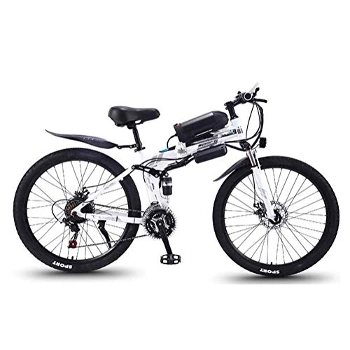 Electric Bike : 26 Inch Mountain Folding Electric Bike, 27 Speed Electric Bicycle with LED Highlight Light And Dual Disc Brakes, for Men Women Travel Bike, White, A
