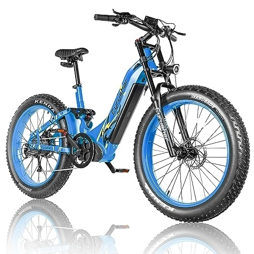 Electric Bike : 26inch Aluminum Frame Electric Bike For Adults, Trax Mountain Ebike 250W 52V 20Ah 1040wh, 4" All-Terrain Fat Tire, Shimano 9-Speed Rear, Full Air Suspension, (Blue)
