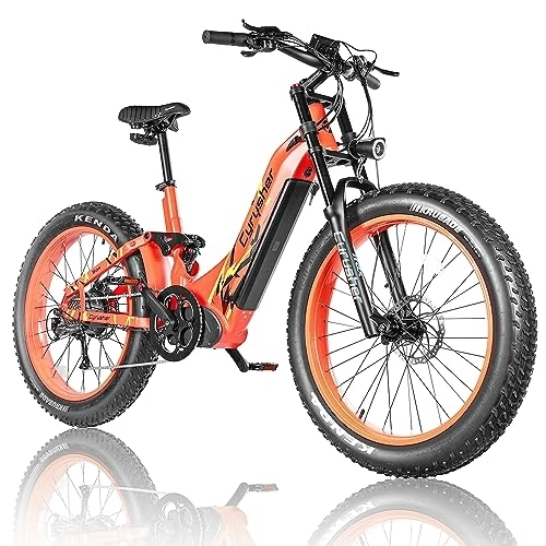 Electric Bike : 26inch Aluminum Frame Electric Bike For Adults, Trax Mountain Ebike 250W 52V 20Ah 1040wh, 4" All-Terrain Fat Tire, Shimano 9-Speed Rear, Full Air Suspension, (Orange)
