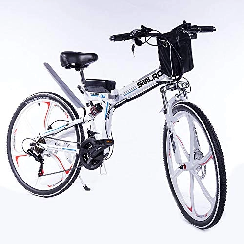 Electric Bike : 26Inch Folding Electric Mountain Bike 48V Lithium Battery Full Shock Absorber Integrated Wheel Bikes 21 Speeds Ebikes for Adults, White