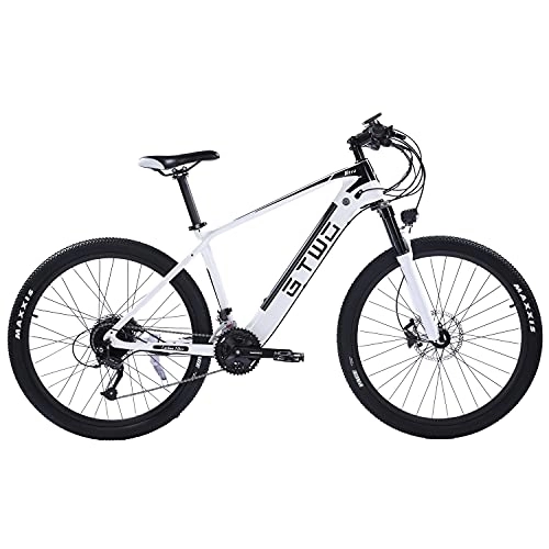 Electric Bike : 27.5 Inch Electric Carbon Fiber Bike, Pneumatic Shock Absorber Front Fork, 27 Speed Mountain Bicycle (Black White, 9.6Ah)