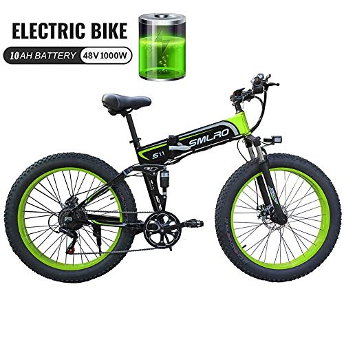 Electric Bike : 48V 1000W Electric Bike Electric Mountain Bike with 26inch Fat Tire MTB 7 Speed E-bike Pedal Assist Hydraulic Disc Brake, Black Green 1000W
