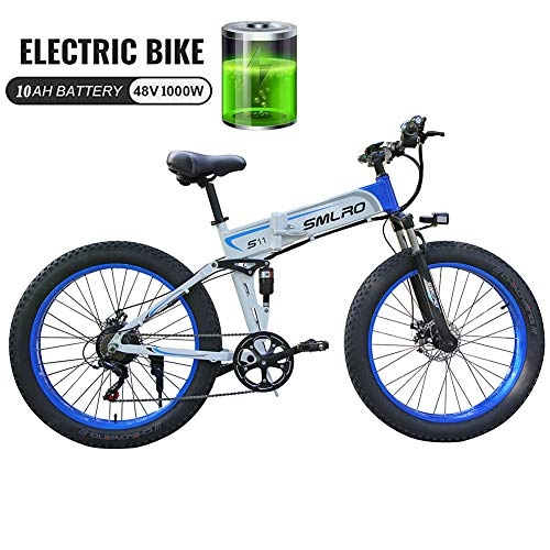 Electric Bike : 48V 1000W Electric Bike Electric Mountain Bike with 26inch Fat Tire MTB 7 Speed E-bike Pedal Assist Hydraulic Disc Brake, White Blue 1000W