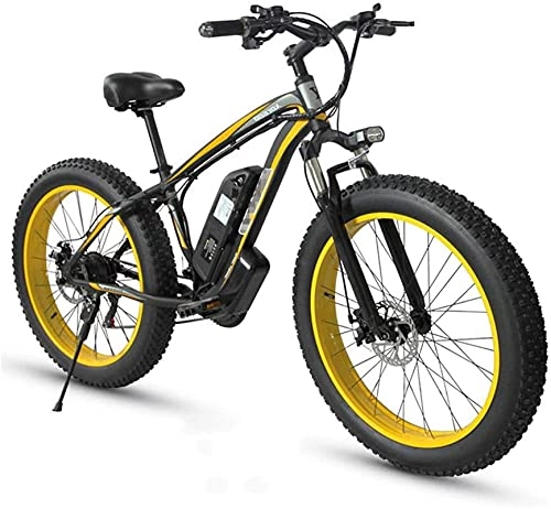Electric Bike : 48V 350W Electric Bike Electric Mountain Bike 26Inch Fat Tire E-Bike Hybrid Bicycle 21 Speed 5 Speed Power System Mechanical Disc Brakes Lock Front Fork Shock Absorption (Color : Yellow)