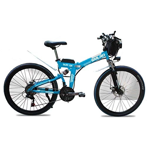 Electric Bike : 48V Electric Mountain Bike, 26 Inch Folding E-bike with 4.0" Fat Tyres Spoke Wheels, Premium Full Suspension, Blue