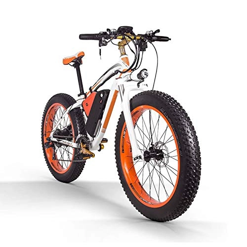 Electric Bike : 48v16ah1000w Electric Mountain Bike 26'' Fat Tire E-Bike 21 Speeds Beach Cruiser Mens Sports Mountain Bike Full Suspension Large Capacity Lithium Battery Hydraulic Disc Brakes, White, Orange