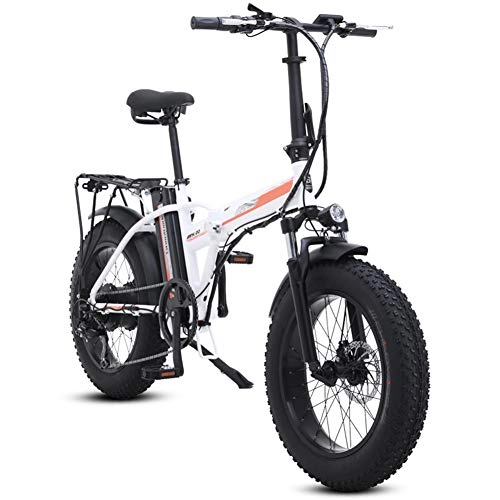Electric Bike : 500W Electric Foldable Bicycle, 48V Mens Mountain E Bike 7 Variable Speed 4 inch Fat Tire Road Bicycle Snow with Hydraulic Disc Brakes and Front Suspension Fork, 3 Operating Modes, White, 20inches