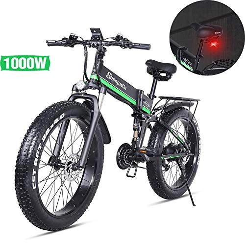Electric Bike : A&F Electric Mountain Bike with Rear Tailstock, 26 Inches 1000W 48V 12.8Ah Folding Fat Tire Snow Bike, 21 Speed E-Bike with HD LCD Display Instrument for Adult