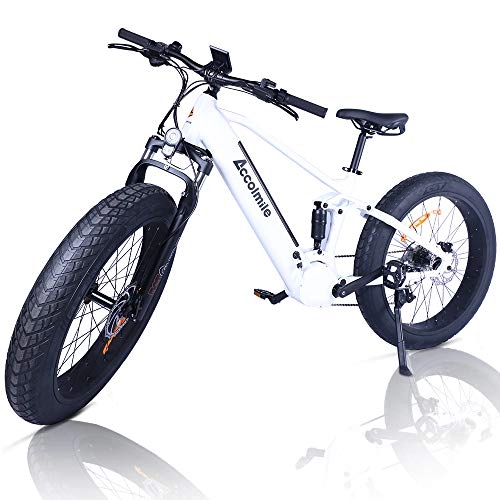 Electric Bike : Accolmile Electric Bike Adult Fat Tire Beach Snow Electric Bicycle 26 inch, BAFANG BBSHD 48V 1000W Mid Motor with 12.8Ah Removable Lithium Battery, Full Suspension Shimano 9 Speed with LCD Display