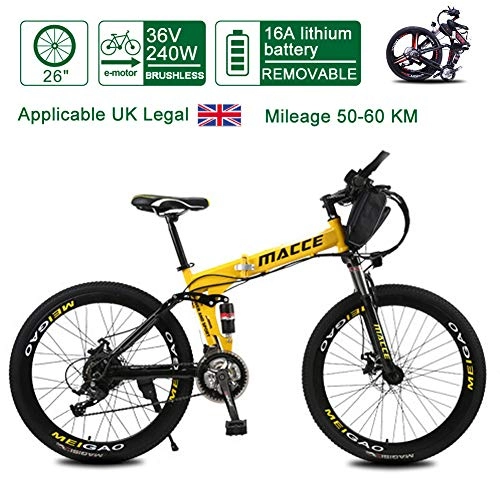 Electric Bike : Acptxvh Electric Bikes for Adult, FoldingElectricBike Bicycles All Terrain, 26" 36V 240W 8 / 10 / 12 / 20Ah Removable Lithium-Ion Battery Mountain Ebike for Mens Womens, Yellow, 20A70KM