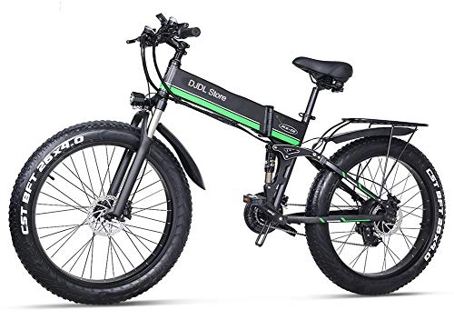 Electric Bike : Acptxvh Electric Snow Bike 48V Folding Mountain Bike with 26Inch 4.0 Fat Tire MTB 21 Speed E-Bike Pedal Assist Hydraulic Disc Brake, Green