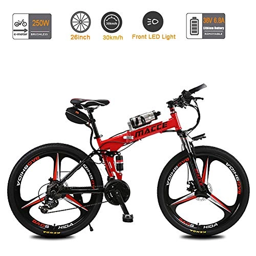 Electric Bike : Acptxvh Folding Electric Bike 240W, 3 Spoke Wheels / 26 Inch / Dual Disc Brakes / 21 Speed, with 36V 6.8Ah Kettle Battery Bicycle, Red