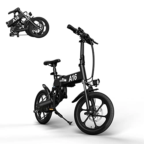 Electric Bike : ADO 16" Folding Electric Bikes for Adult E Bike 250W with Removable Li-Ion Battery 36V 7.5A for Adults Shimano 7 Speed Transmission Gears Double Disc Brake Black