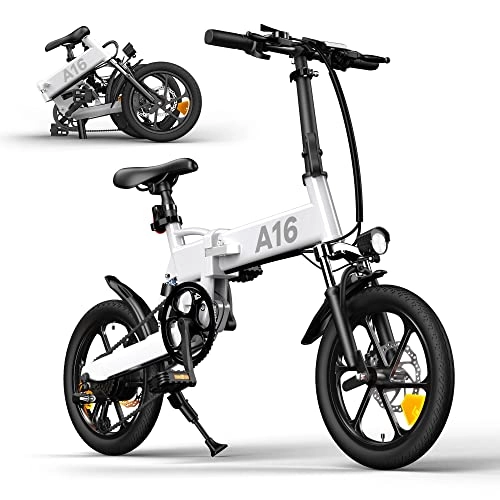 Electric Bike : ADO 16'' Folding Electric Bikes for Adult E Bike 250W with Removable Li-Ion Battery 36V for Adults Shimano 7 Speed Transmission Gears Double Disc Brake (White)