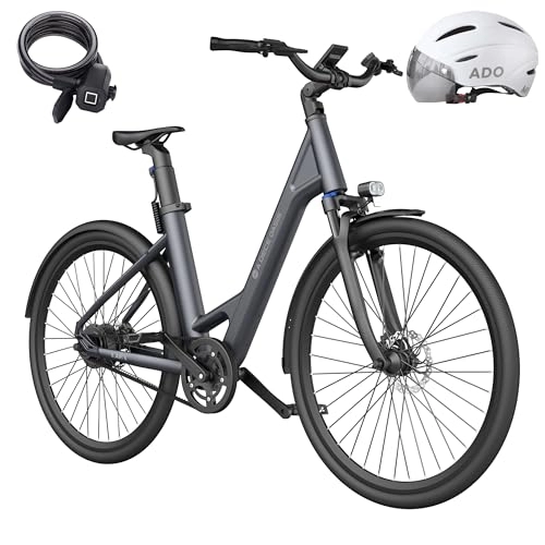 Electric Bike : ADO E-Bike Air 28 electric bike, Pedelec belt drive, 28 inches, 1 gear, rear motor, 345.00 Wh battery, ebike women / men, 36V 250W brushless motor-gray