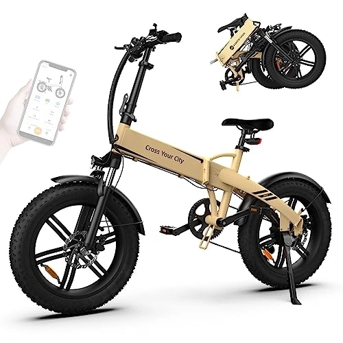 Electric Bike : ADO Electric Bike Foldable Mountain eBike For Men Women, 20''*4.0 Fat Tire E-Bike with Torque Sensor 14.5Ah Battery, 7 Speed Gear&Dual Hydraulic Disc Brake IPX7 IPS Color Display, App Control (Yellow)
