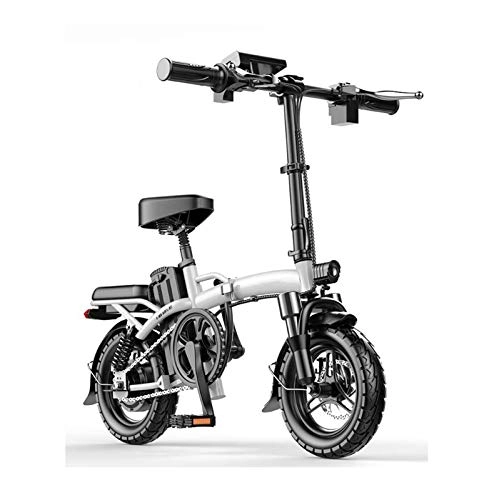 Electric Bike : Adult 14Inch Small Folding Electric Bike, Energy Recovery System Electric Bicycle, With Multifunctional LCD Instrument Support Mobile Phone Charging, White, 220KM