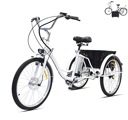 Electric Bike : Adult electric tricycle 24 in ladies 3 wheel bicycle tricycle with enlarged rear basket (can be used separately) 350W motor 36V12AH lithium battery tricycle Electricity / Assistance / Pedals (white)
