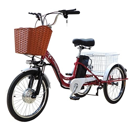 Electric Bike : Adult electric tricycle 24 inch lithium battery 3 wheel bicycle for the elderly with LED lighting display screen enlarged rear basket power / assist / pedal mode men and women parents (red)