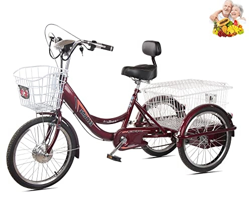 Electric Bike : Adult Electric Tricycle 3 Wheels 20 Inch for Parents with Enlarged Shopping Basket Power Tricycle 250W Motor 3 Rounds Adult tricycles for women gift Maximum Load 440 lbs（Red Wine, 48V20AH）