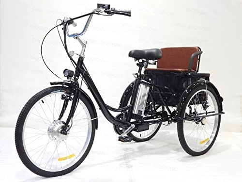 Electric Bike : Adult electric tricycle for the elderly 24inch 3-wheeler with rear seat, enlarged basket, lithium battery 36V12AH 350W brushless motor, tricycle for parents, can bring children, shopping(black 24inch)