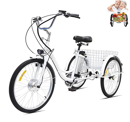 Electric Bike : Adult Electric Tricycles 3 Wheel Electric Bike with 24 Inch for ladies Wheel Low Step-Through Cruise Trike with Removable 36V 12AH Lithium Battery, Cargo Basket (24'', white)