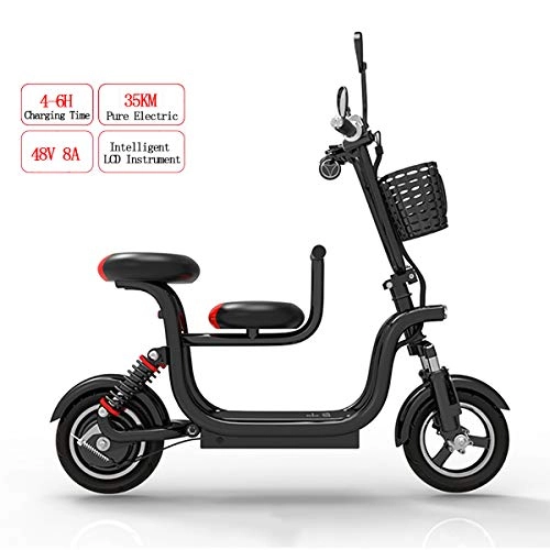 Electric Bike : Adult Folding Electric Bicycle 400W 48V High Power E-Bike with 10 Inch Tire and Child Sitting, Double Disc Brakes Top Speed 37km / h City Commuter Bike, Black, 8A