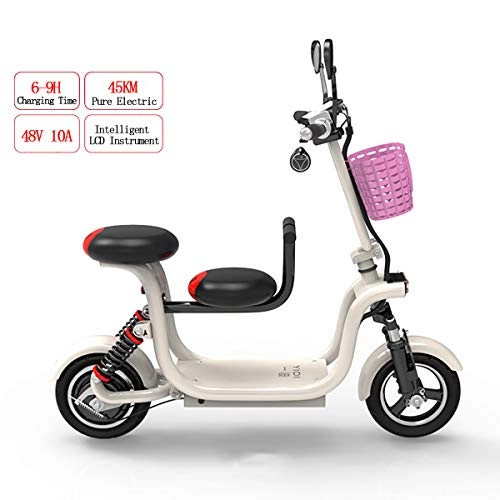 Electric Bike : Adult Folding Electric Bicycle 400W 48V High Power E-Bike with 10 Inch Tire and Child Sitting, Double Disc Brakes Top Speed 37km / h City Commuter Bike, White, 10A