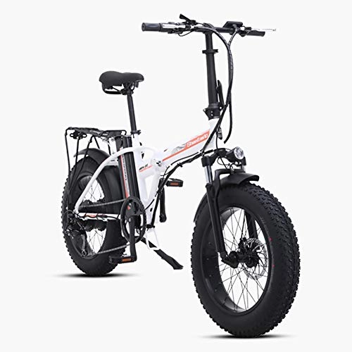 Electric Bike : Adult Folding Electric Mountain Bike, Aluminum Alloy Frame 20" Battery Car48v / 15Ah / 500W Bicycle Ebike, 5-Speed Auxiliary 3-Speed Mode Snowmobile, White