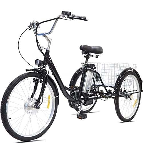 Electric Bike : Adult Tricycle Electric 24inch 3 Wheel Bicycle 36V12AH Removable Lithium Battery with Large Shopping Cart Basket Comfortable Cruiser Three Wheel Max Load 330 lbs (Color : Black, Size : 24in)