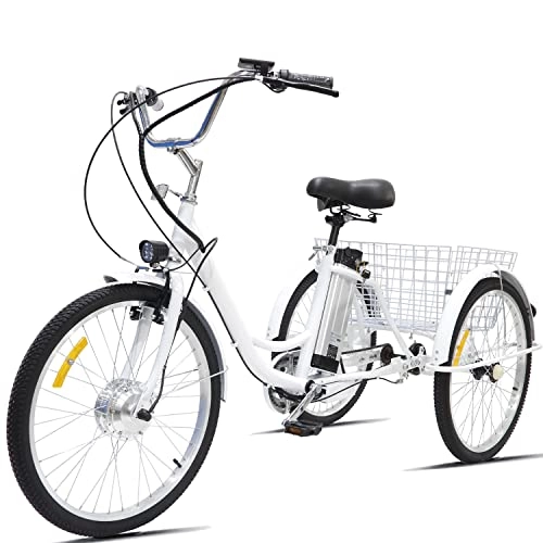 Electric Bike : Adult Tricycle Electric 24inch 3 Wheel Bicycle 36V12AH Removable Lithium Battery with Large Shopping Cart Basket Comfortable Cruiser Three Wheel Max Load 330 lbs(white)