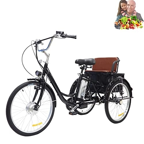 Electric Bike : Adult tricycle electric 24inch hybrid with rear seat + basket (with wheels and push rod) for the elderly 3-wheeler 36V12AH lithium battery three parents children(24inch black)