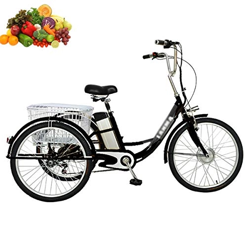 Electric Bike : Adult Tricycle Electric 3 wheel bicycle for parents 24'' with rear basket 48V / 12AH range 30km weight capacity 150kg shopping outing blue black LED lighting