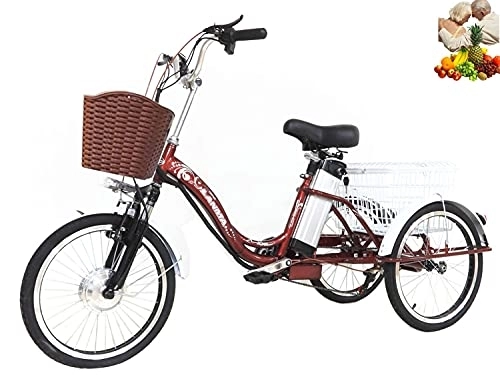Electric Bike : Adult tricycle electric 3-wheel bicycle for parents to enlarge the rear basket 20'' Power-assisted tricycle 48V10AH lithium battery for shopping and outing (Color : Red, Size : 20'')