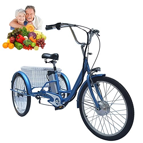 Electric Bike : Adult tricycle electric 3-wheel ladies bicycle 24'' power-assisted bike with rear cart basket food basket outing shopping Gift for parents manpower / assistance / electricity